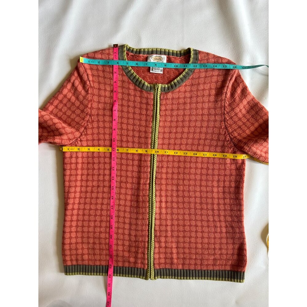 Talbots Womens Cardigan Sweater L Orange/Green Checkered Pattern Elbow patches - Picture 10 of 10